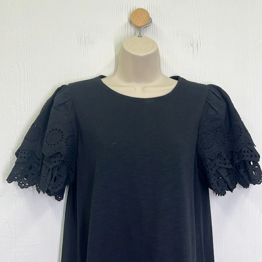 Chicos - Black Crewneck Crochet Tiered Short Sleeves Shirt Midi Dress Size Med